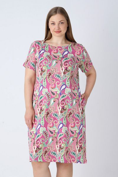 İntensive Women's Plus Size Patterned Short Sleeve Cotton Dress with Pockets