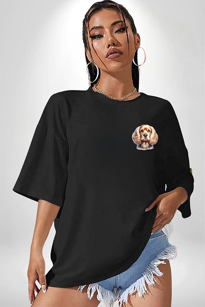 Angemiel Cute Cocker Spaniel Dog Black Oversize Women Men Front Minimal Printed T-Shirt