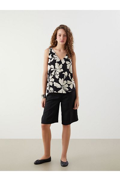 LC Waikiki Black V-Neck Floral Linen Blend Blouse
