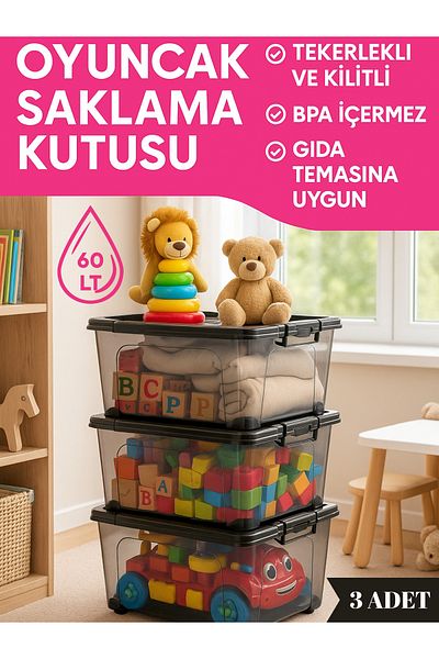 Loremp 60 Lt Wheeled Lockable Storage Box Set of 3 with Lid Transparent Bpa Free Stackable