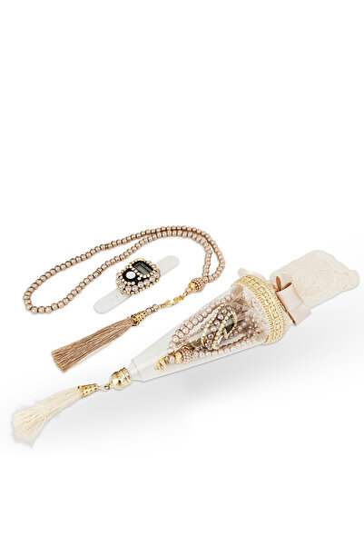 Yeşilipek Pleksi Dantelli Külah Zikirmatik & İnci Tesbih Set - Gold