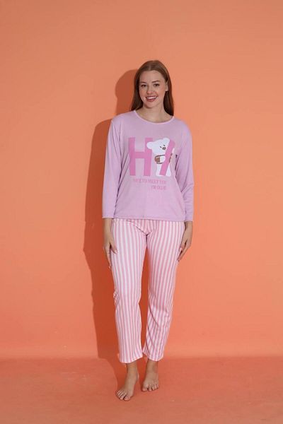 Pajama Shop Women's 100% Cotton Fabric Lilac Teddy Bear Patterned Six Stripes Crew Neck Long Sleeve Pajama Set