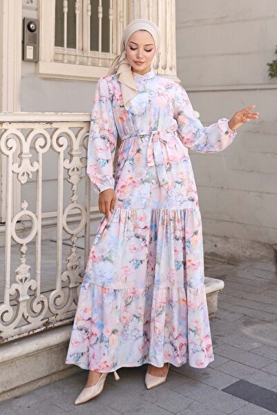 benguen Desenli Tesettür Elbise Pudra 570