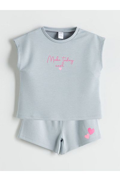 LC Waikiki Brown Printed Girl's T-Shirt and Shorts 2-Piece Set
