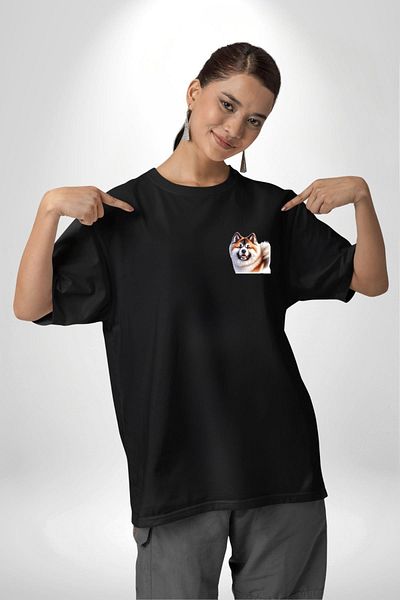Angemiel Akita Inu Loyal Dog Black Oversize Women Men Front Minimal Printed T-Shirt
