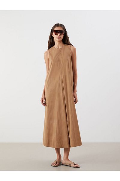 LC Waikiki Beige Crew Neck A-Line Poplin Dress