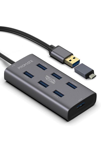 Promate 7 Port USB 3.0 Hub, Portable Aluminium Alloy Port USB 3.0 Powered Hub