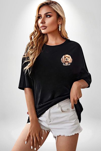 Angemiel Cute Cocker Spaniel Dog Black Oversize Women Men Front Minimal Printed T-Shirt