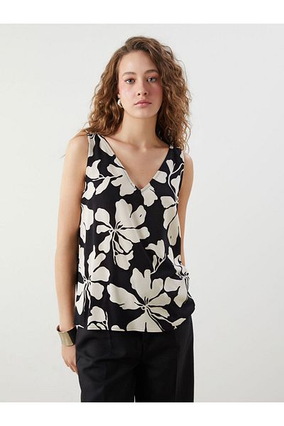 LC Waikiki Black V-Neck Floral Linen Blend Blouse
