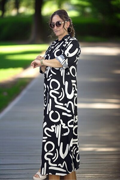 yagmurberen Front to Back Buttoned Figure Printed Shirt Collar Tiril Tiril Cotton Viscosin Large Size Summer Dress