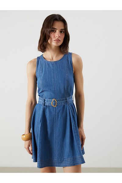LC Waikiki Indigo Crew Neck Waist Mini Jean Dress