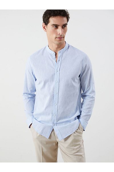 LC Waikiki Blue Regular Fit Long Sleeve Linen Blend Men's Shirt