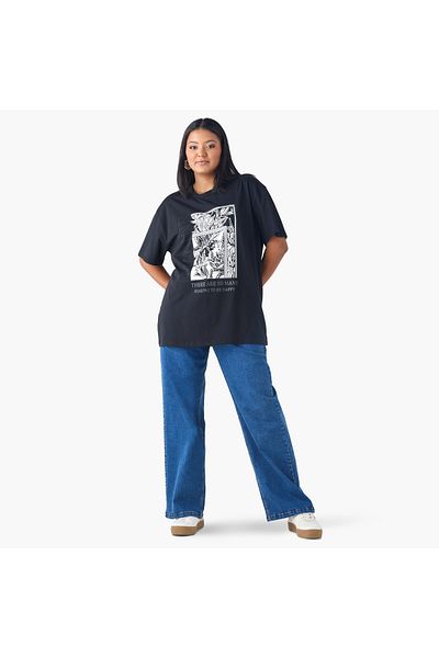 Ulla Popken Plus Size Ulla Popken Printed T-shirt with Rhinestone Embellishment