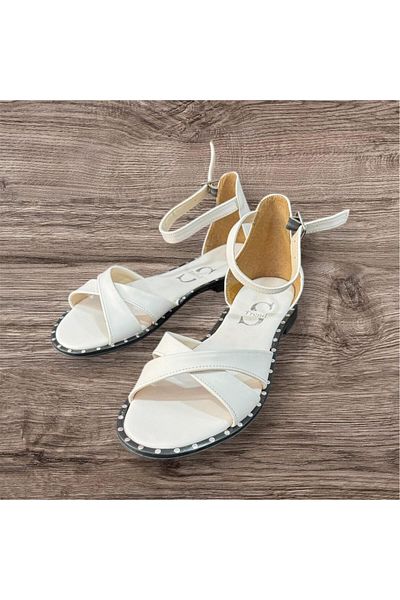 Serra Women's White Cross Model Flat Sole Stone Sandals