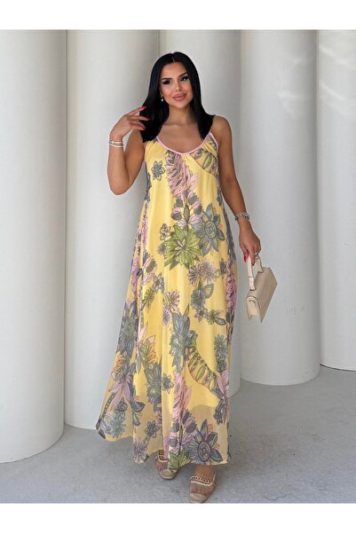 HARMONY GLOBAL Juls Çiçek Desenli Askılı Şifon Uzun Sarı Elbise – V Yaka, Yazlık ve Ferah Tasarım 7426