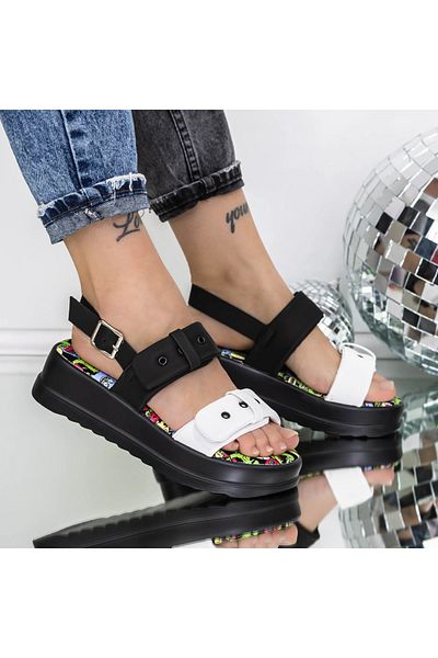 mei Women's Platform Sandals 3HXS79 Black-White | Mei
