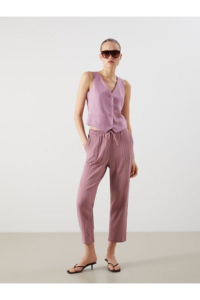 LC Waikiki Pink Textured Muslin Women's Trousers with Elastic Waist