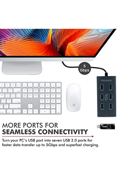 Promate موزع USB 3.0 مزود بـ 7 منافذ، منفذ من سبائك الألومنيوم محمول مزود بمنفذ USB 3.0