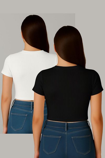 Seamoda Double Pack Crew Neck Short Sleeve Crop Rib Tshirt Black-Broken White
