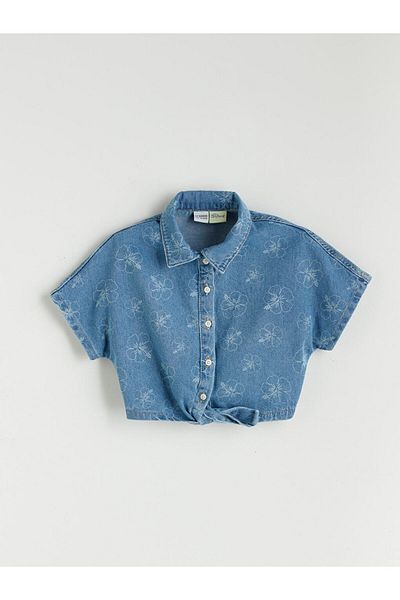 LC Waikiki Indigo Stitch Printed Crop Girl's Jean Shirt