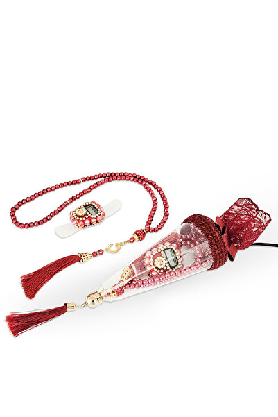 Yeşilipek Pleksi Dantelli Külah Zikirmatik & İnci Tesbih Set - Bordo