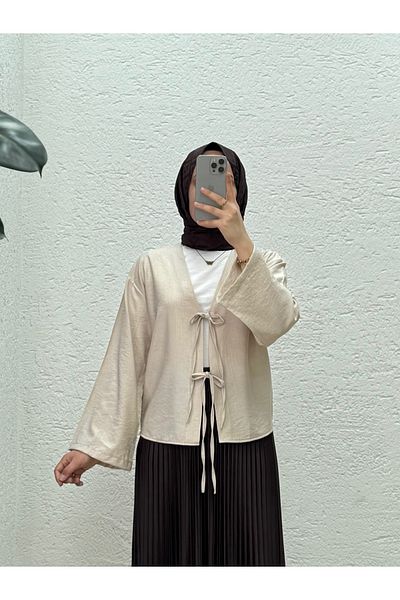 MİHRA STORE Kimono scurt din țesătură căpșuni Mirona cu șireturi în față-MF210 Stone