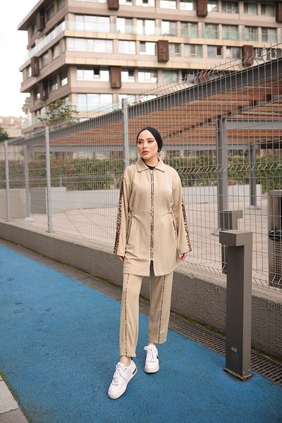 Ryzi Moda Beige Women's Hijab Tracksuit Set with Zipper Double - Tunic Pants