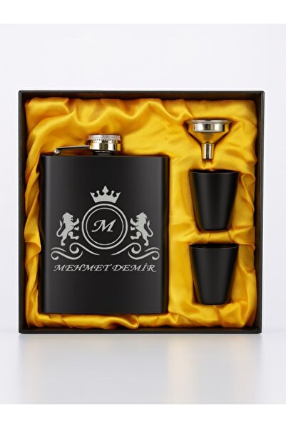 Deco Elit İsme Özel Aslan Motifli Siyah Çelik Matara Hediye Seti Özel Kutusun...