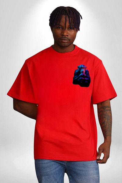 Angemiel Monkey Red Oversize Women's Men's Front Minimal Printed T-Shirt with Light Effects