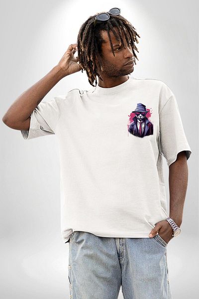 Angemiel Cool Detective Cat White Oversize Women's Men's Front Minimal Printed T-Shirt
