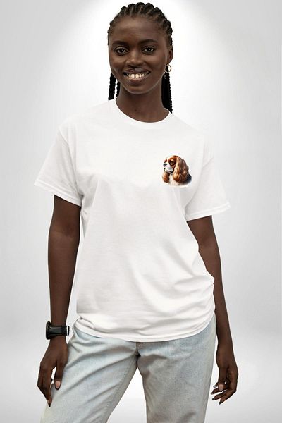 Angemiel Cavalier King Charles Spaniel Dog Design White Oversize Women Men Front Minimal Printed T-Shirt
