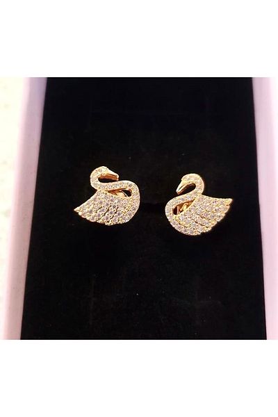 Manu Collection Steel Swan Model Gold Earrings Special Series with Tarnish-Free Stones