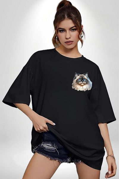 Angemiel Himalayan Cat Black Oversize Women's Men's Front Minimal Printed T-Shirt