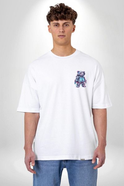 Angemiel تي شيرت Digital Dreamer Teddy Bear مستقبلي أبيض كبير الحجم للنساء والرجال مطبوع من الأمام