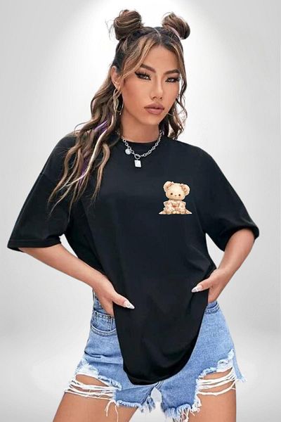 Angemiel Flower Patterned Kawaii Teddy Bear Black Oversize Women's Men's Front Minimal Printed T-Shirt