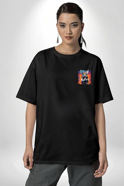 Angemiel Rainbow Party Glasses Bunny Black Oversize Women's Men's Front Minimal Printed T-Shirt