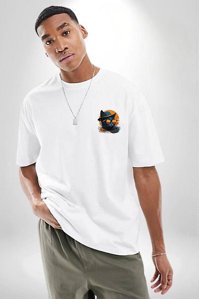 Angemiel Cool White Cat Glasses and Hat White Oversize Women Men Front Minimal Printed T-Shirt