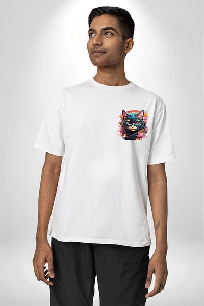Angemiel Robotic Cat Cyberpunk Cyber Cat White Oversize Women's Men's Front Minimal Printed T-Shirt
