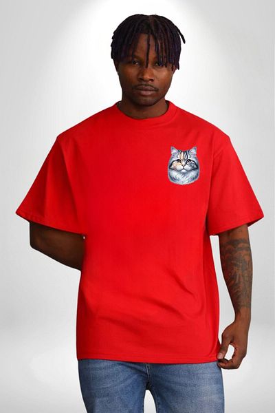 Angemiel Persian Cat Special Design Red Oversize Women's Men's Front Minimal Printed T-Shirt