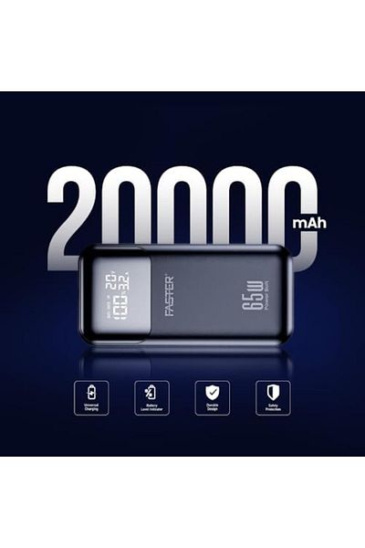 Faster Power Bolt PD65WA 20000mAh Powerbank - 65W PD Fast Charging, LED Display, Built-in Cables, Mu