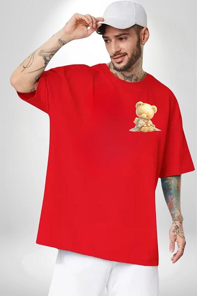 Angemiel Flower Pattern Pastel Tone Teddy Bear and Flower Red Oversize Women's Men's Front Minimal Printed T-Shirt