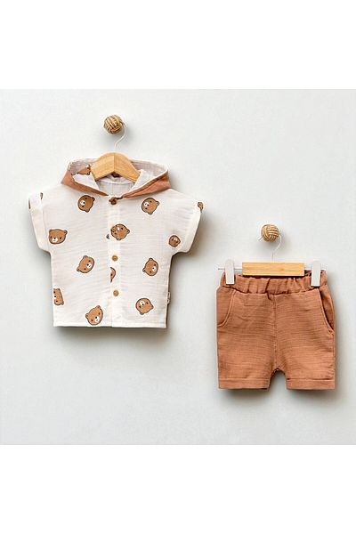 CANCUNO Teddy Bear Patterned Hooded Muslin Baby Set – Set of 2 with Summer Shorts