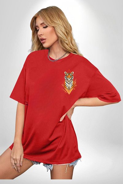 Angemiel تي شيرت Tiger Artistic Red كبير الحجم للنساء والرجال مطبوع من الأمام