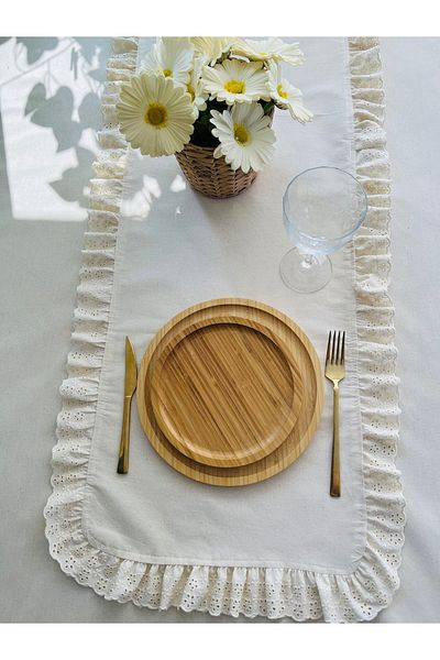 eyma home Bohem Ham Keten Fisto Fırfırlı Runner (45 X150 CM)