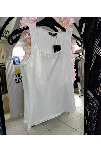 Serra Women's Strappy Ecru Silver Shiny Tank Top Blouse