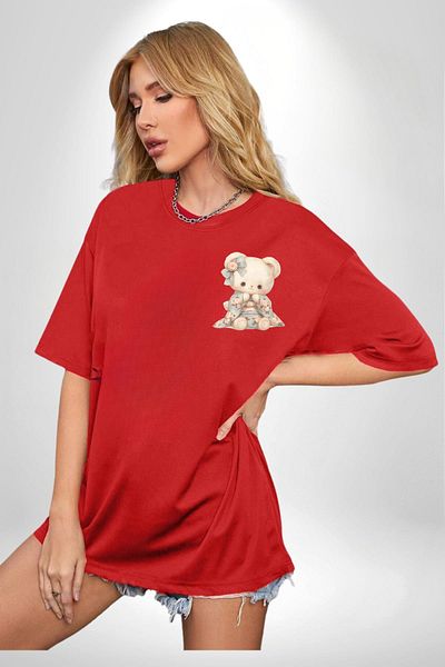 Angemiel Cute Kimono Teddy Bear Red Oversize Women Men Front Minimal Printed T-Shirt