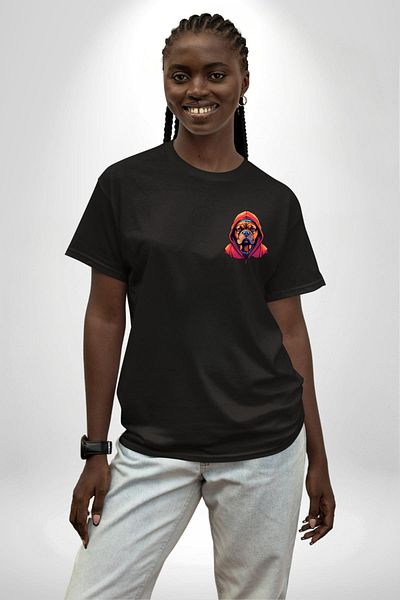 Angemiel Cool  Chain Hooded Dog Black Oversize Women's Men's Front Minimal Printed T-Shirt