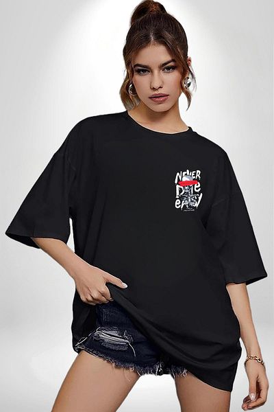 Angemiel Never Die Motivational Message and Creative Design Black Oversize Women Men Front Minimal Printed T-Shirt