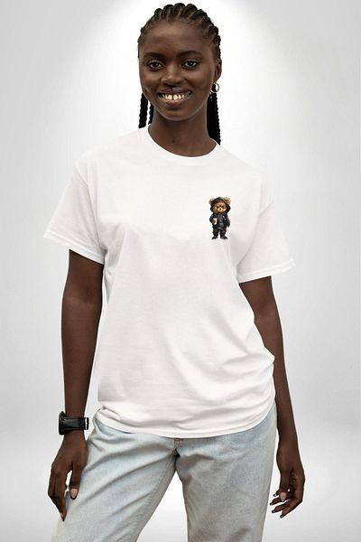 Angemiel Comfortable and Stylish Coffee Cafe Teddy Bear White Oversize Women's Men's Front Minimal Printed T-Shirt