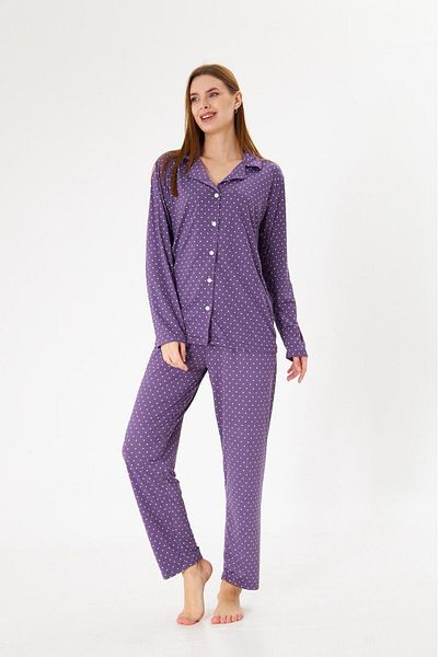 Pajama Shop Women's Milan Fabric Purple Polka Dot Shirt Collar Button-Down Long Sleeve Winter Pajamas Set